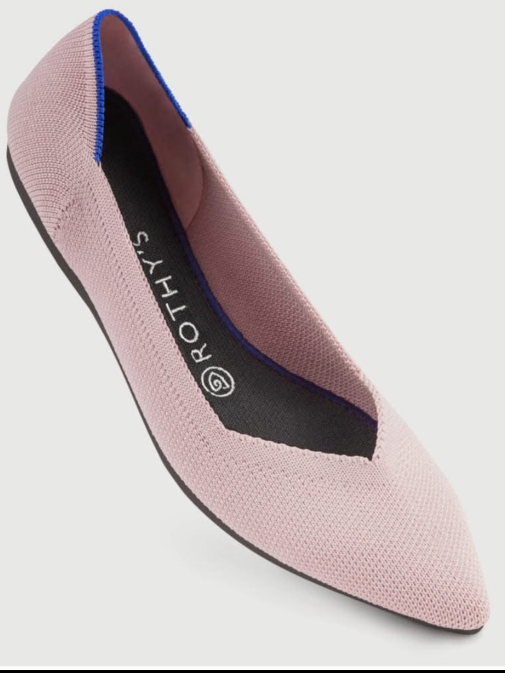 Rothy's Petal Pink Pointed Knit Flat with Blue Trim